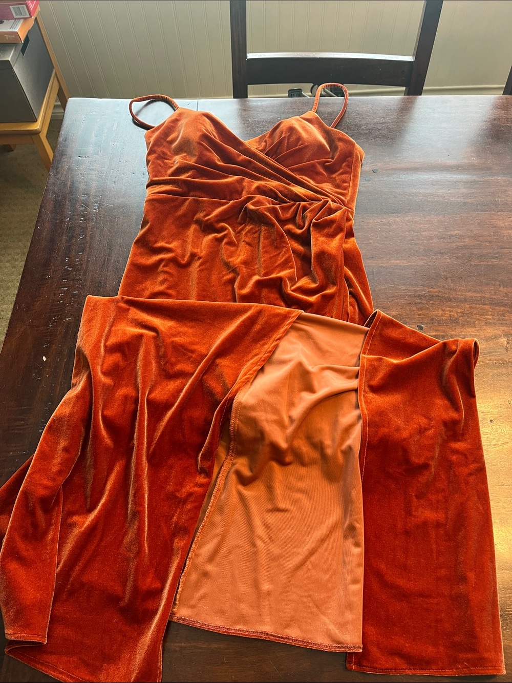 Azazie Rust Orange Velvet Maxi Dress with Slit